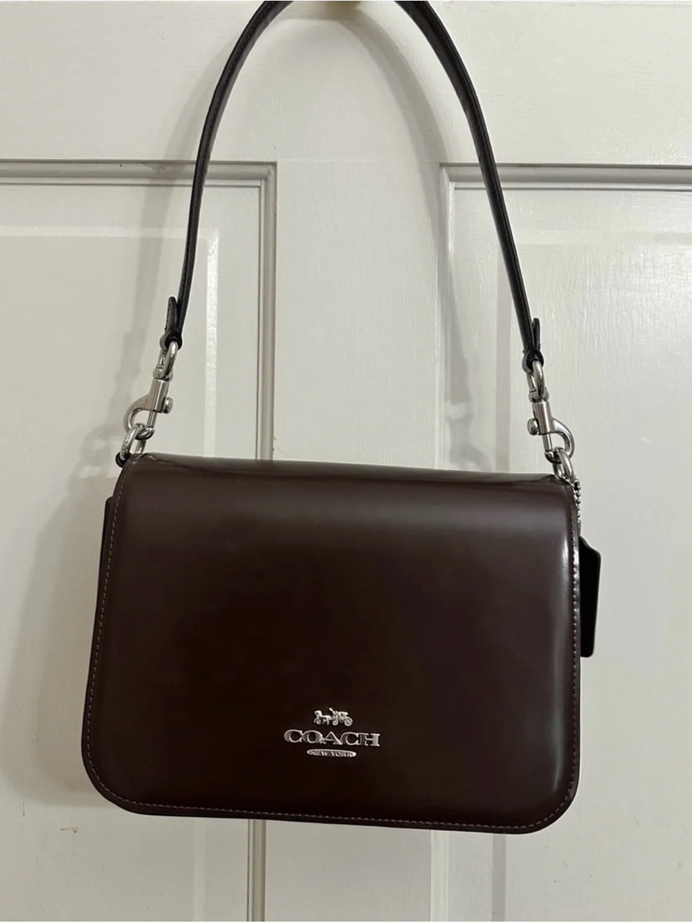 Coach Dark Brown Leather Shoulder Bag with Silver Hardware